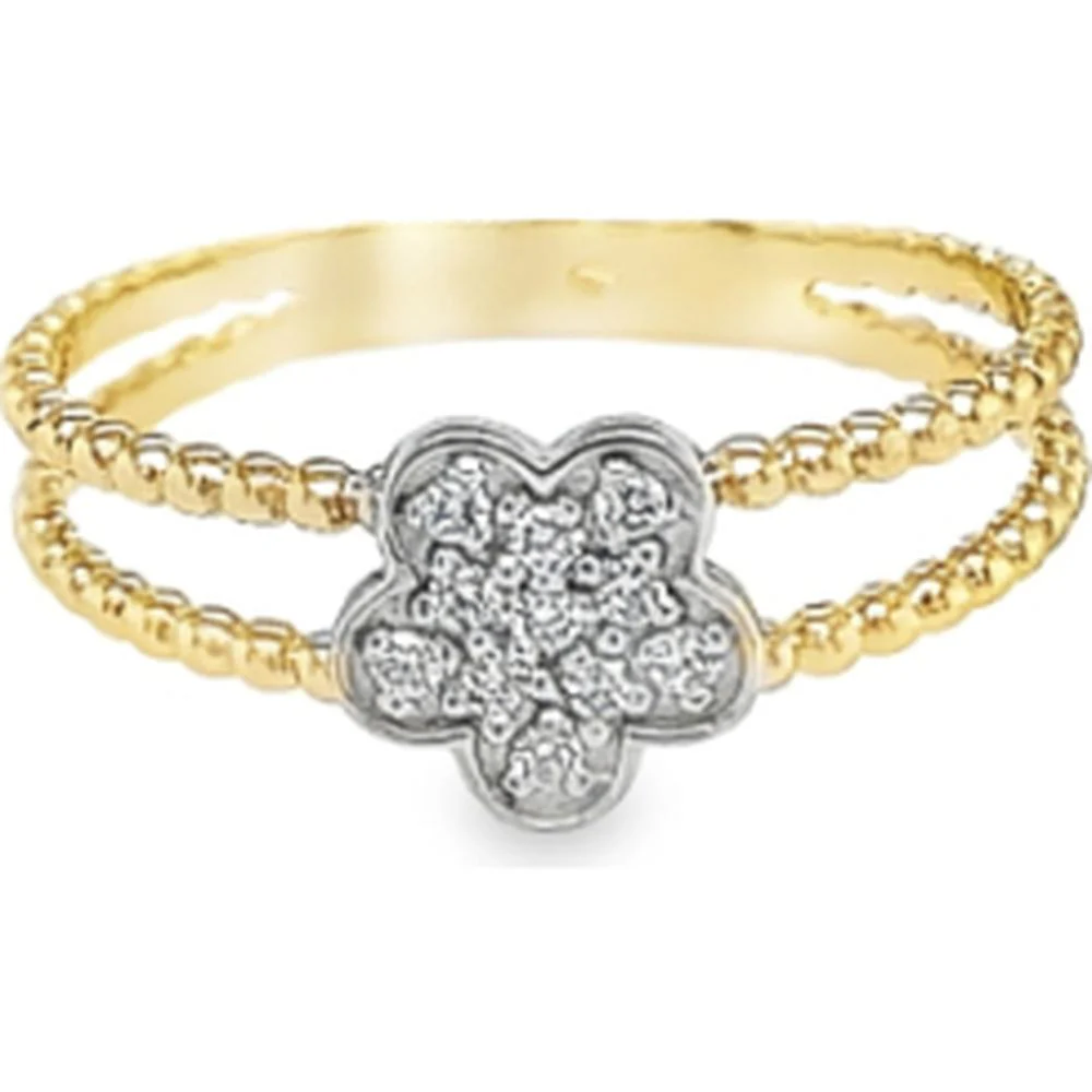 18K Yellow Gold Floral Ring with White Gold Round Diamond Cluster by Afarin