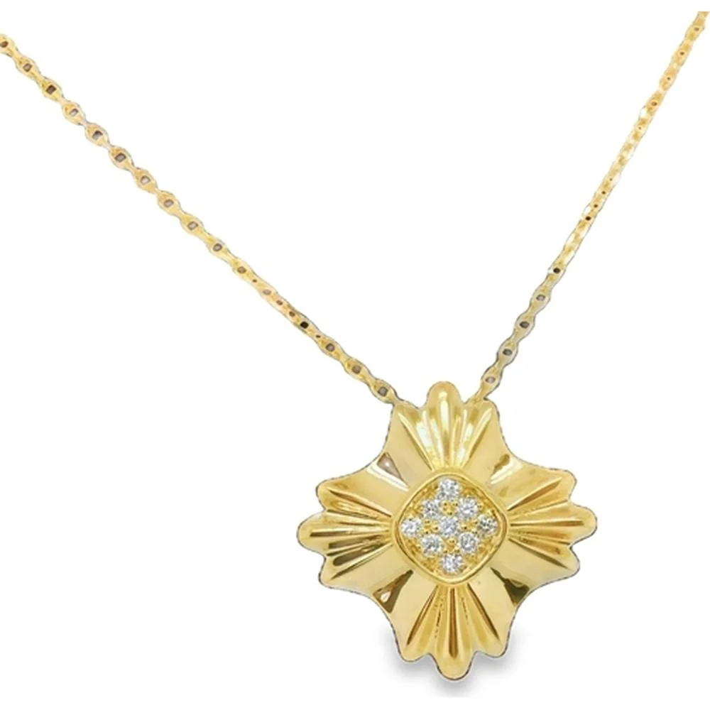 18K Yellow Gold Floral Starburst Pendant Necklace with Round Diamond Cluster Center by Afarin