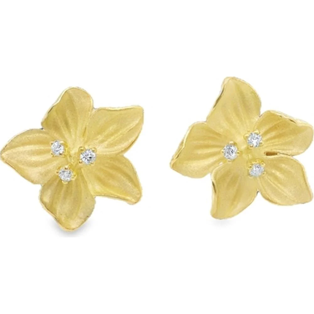 18K Yellow Gold Floral Stud Earrings with Round Diamond Accents by Afarin