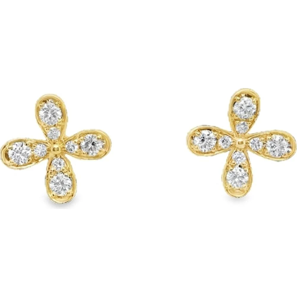 18K Yellow Gold Floral Stud Earrings with Round Diamonds by Afarin