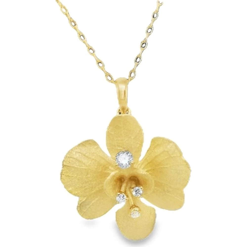 18K Yellow Gold Flower Pendant Necklace with Round Diamonds by Afarin