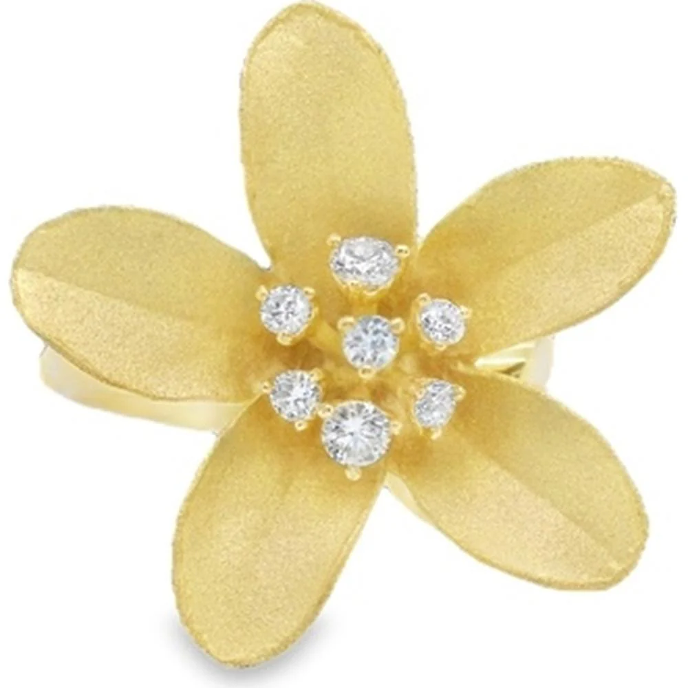 18K Yellow Gold Flower Ring with Round Diamond Cluster Center by Afarin