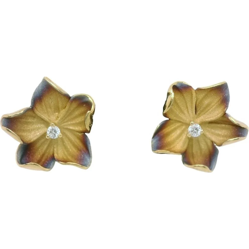 18K Yellow Gold Flower Stud Earrings with Round Center Diamonds by Afarin