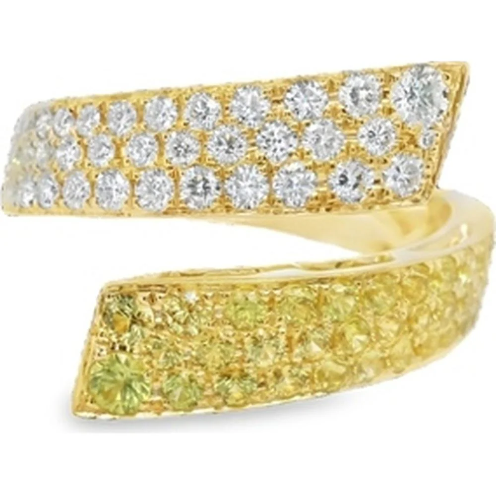 18K Yellow Gold Free Form Bypass Ring with Pavé Set Round Diamonds and Yellow Sapphires by Afarin