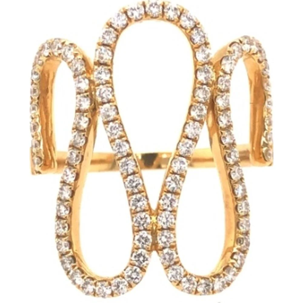 18K Yellow Gold Free Form Diamond Ring with Pavé-Set Openwork Swirl Design by Afarin