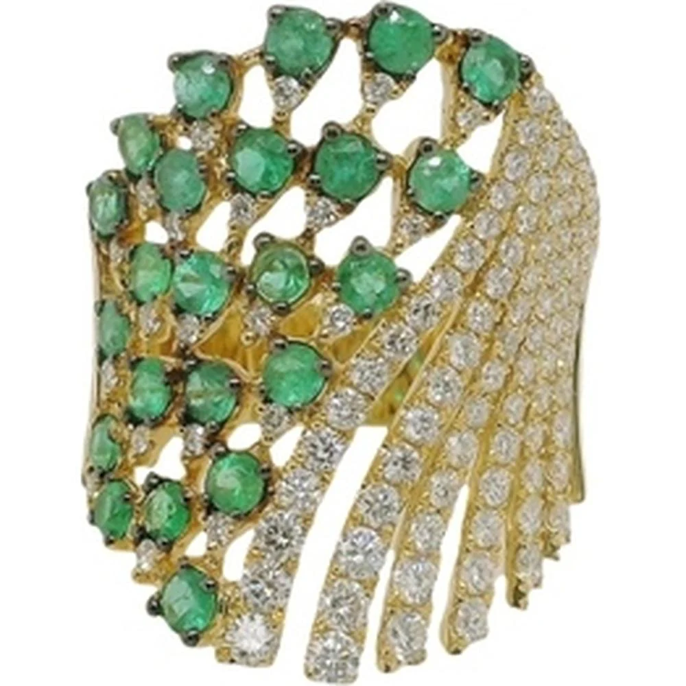 18K Yellow Gold Free Form Ring with Emeralds and Diamonds by Afarin