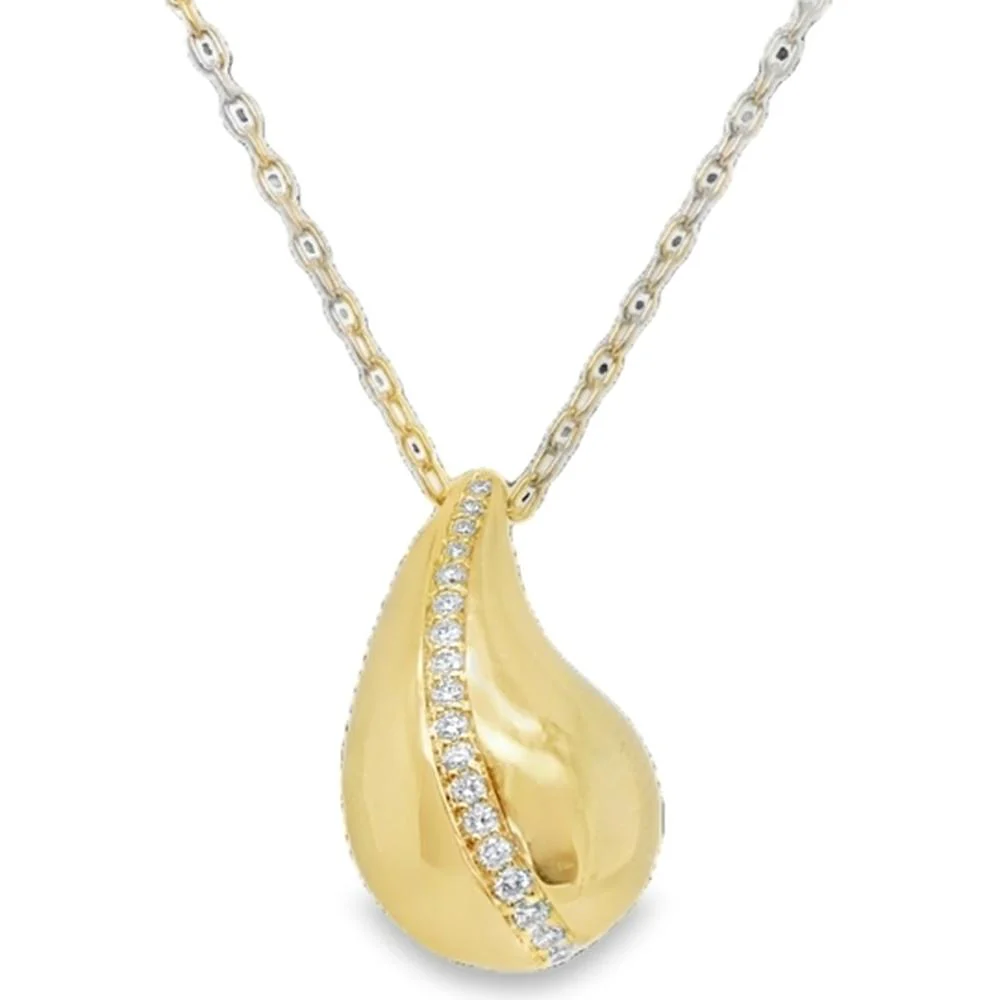 18K Yellow Gold Free Form Teardrop Pendant Necklace with Round Diamond Accents by Afarin