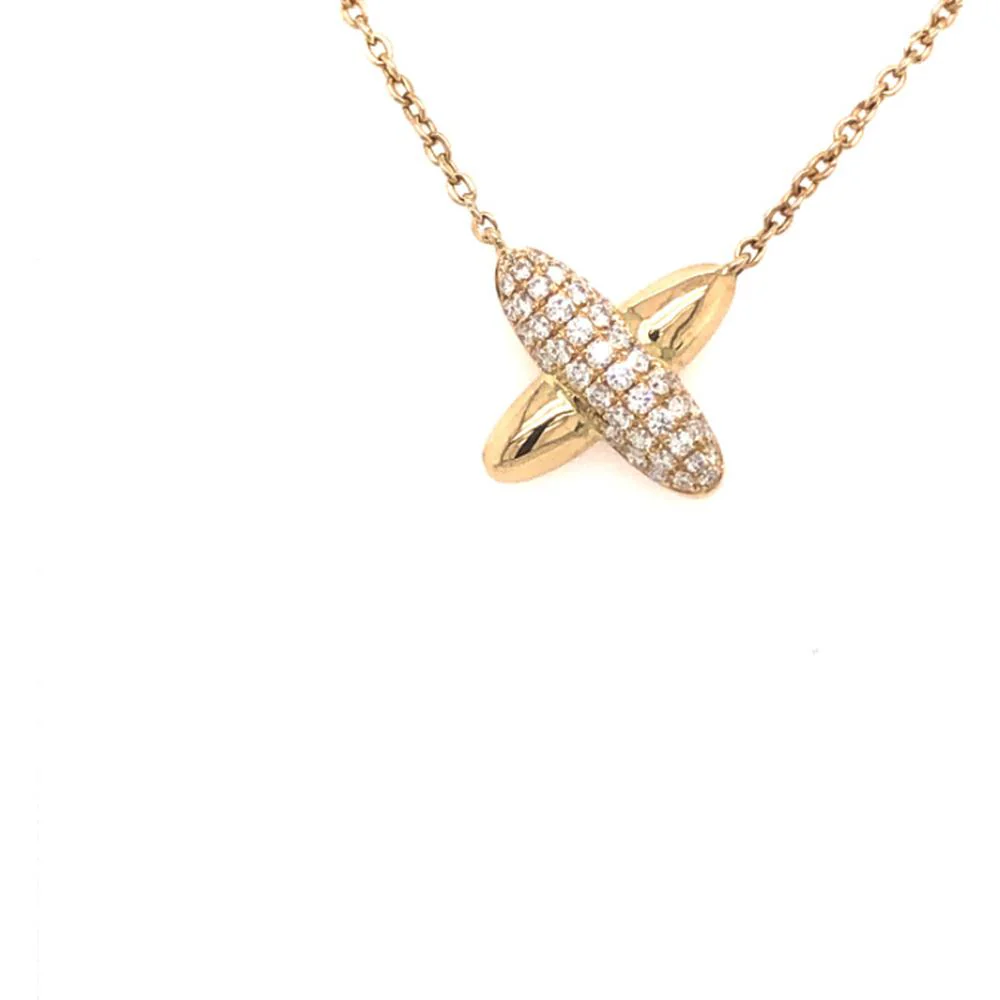 18K Yellow Gold Geometric Crossed Pendant Necklace with Pavé Set Round Diamonds by Afarin