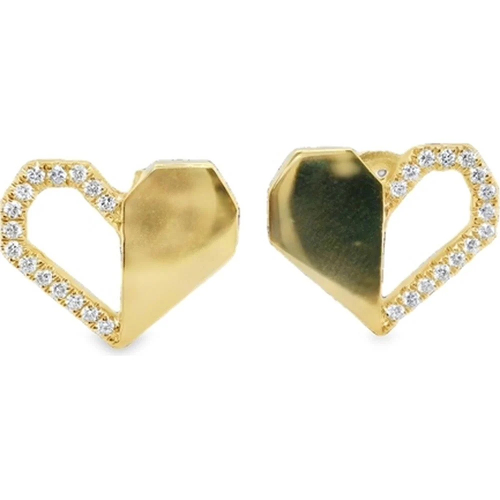 18K Yellow Gold Geometric Heart Stud Earrings with Diamond Accents by Afarin
