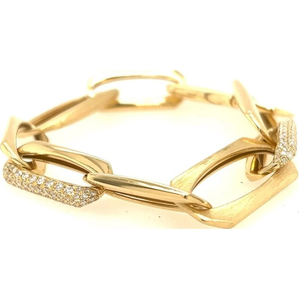 18K Yellow Gold Geometric Link Bracelet with Pavé Set Round Diamonds by Afarin