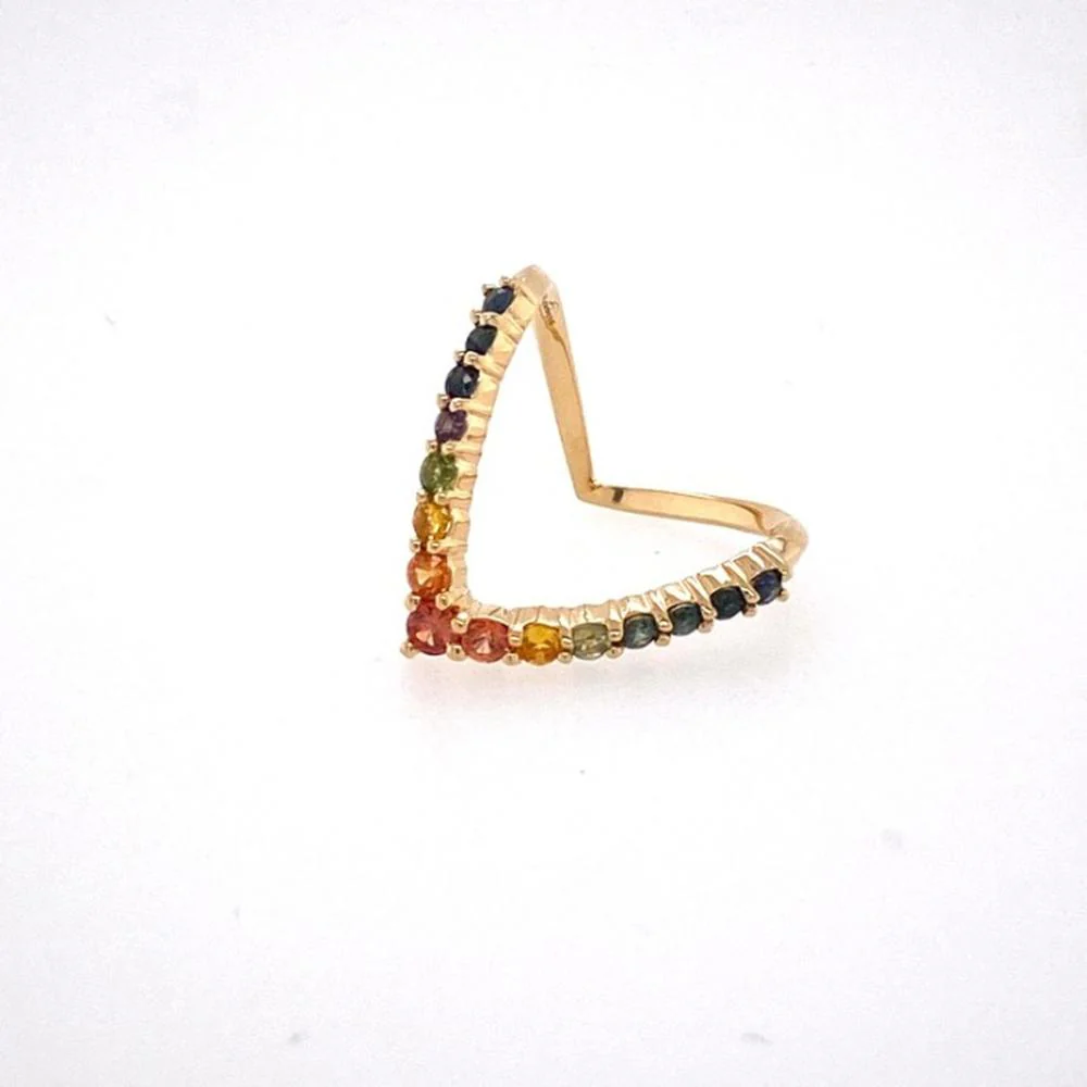 18K Yellow Gold Geometric Ring with Round Multi Sapphires by Afarin