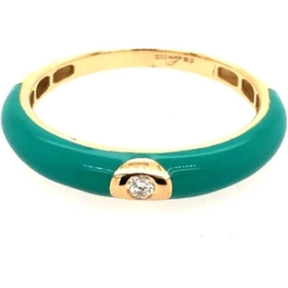 18K Yellow Gold Green Enamel Band Ring with Round Diamond Accent by Afarin