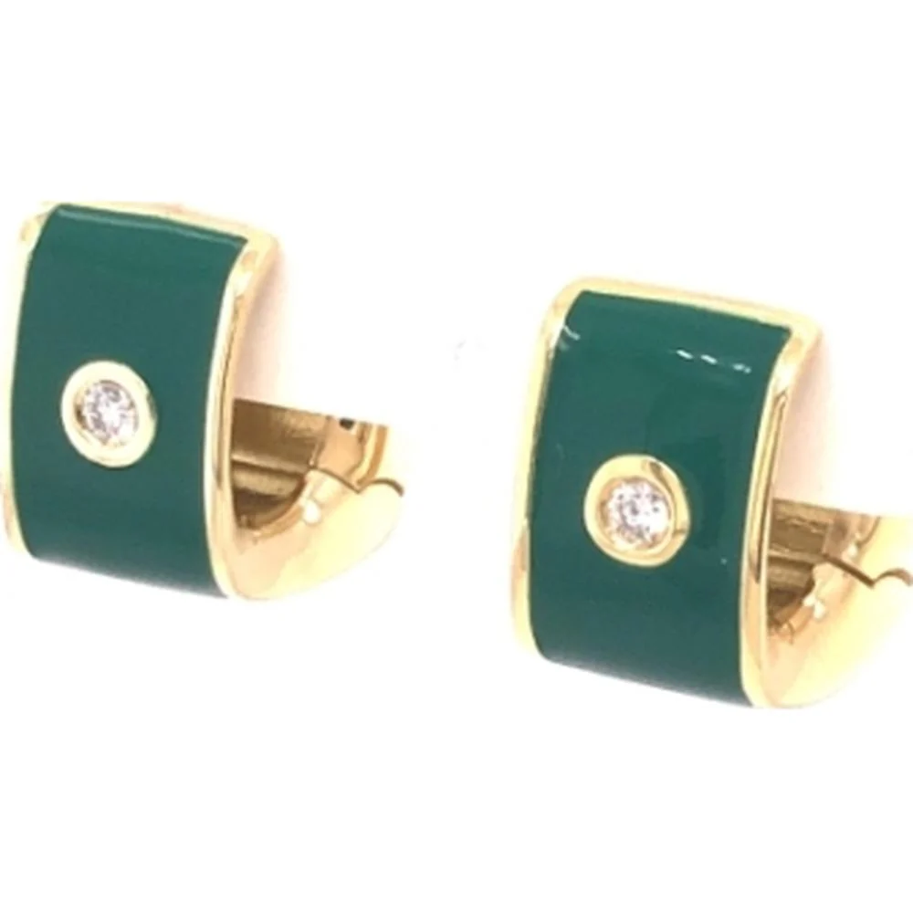 18K Yellow Gold Green Enamel Huggie Earrings with Round Diamond Accents by Afarin