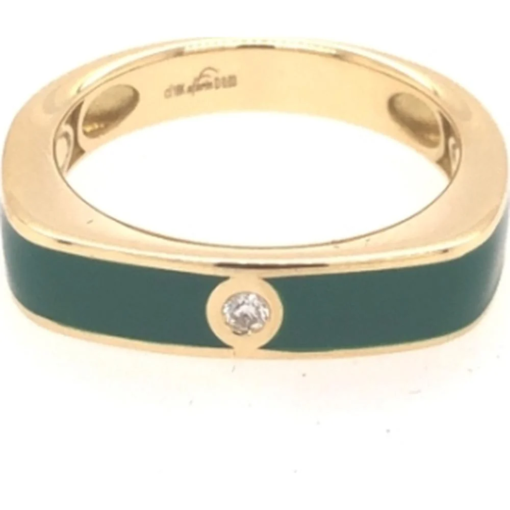 18K Yellow Gold Green Enamel Ring with Bezel-Set Round Diamond by Afarin