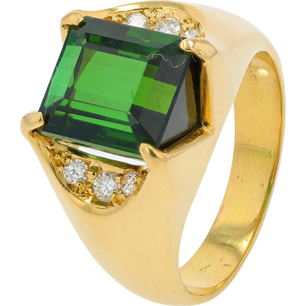 18K Yellow Gold Green Tourmaline Ring with Diamond Accents - 6.55 Carat Total Tourmaline Weight