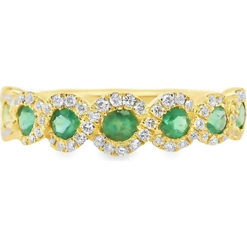 18K Yellow Gold Halo Ring with Oval Emeralds and Round Diamonds by Afarin
