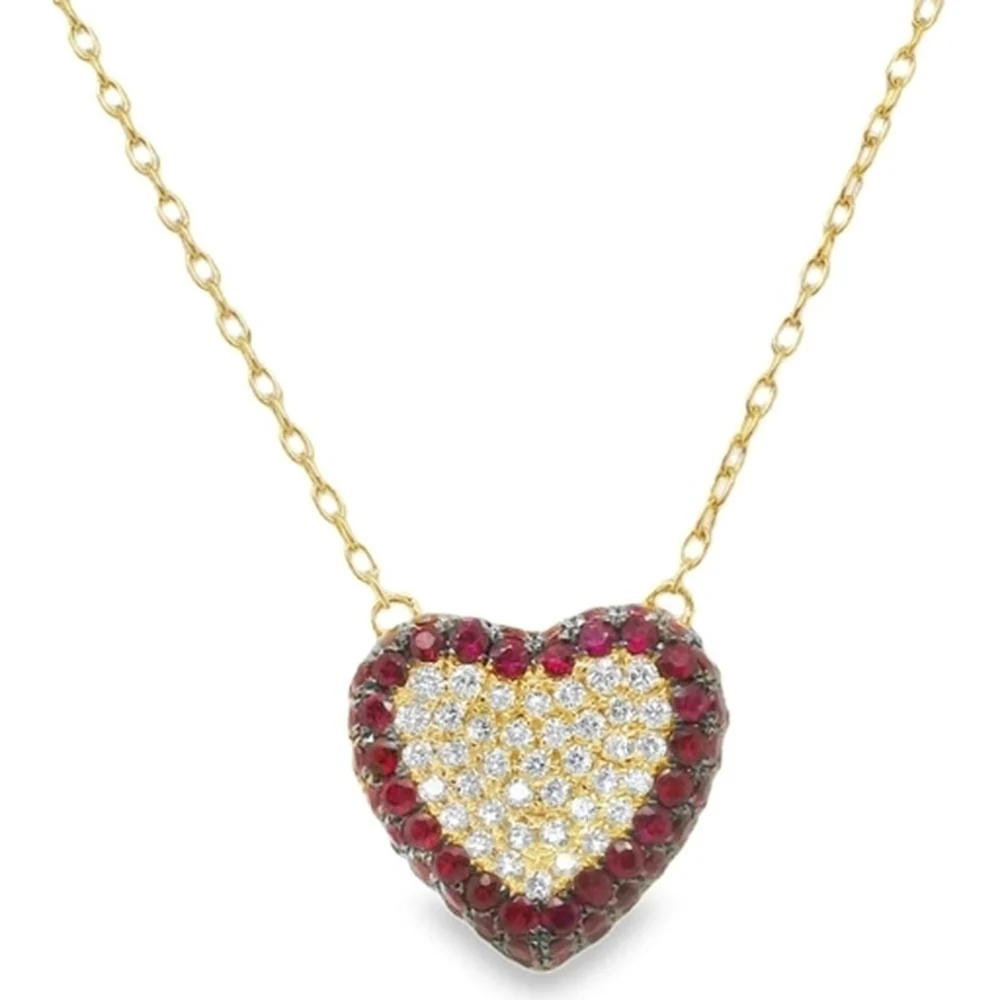 18K Yellow Gold Heart Pendant Necklace with Round Diamonds and Round Rubies by Afarin