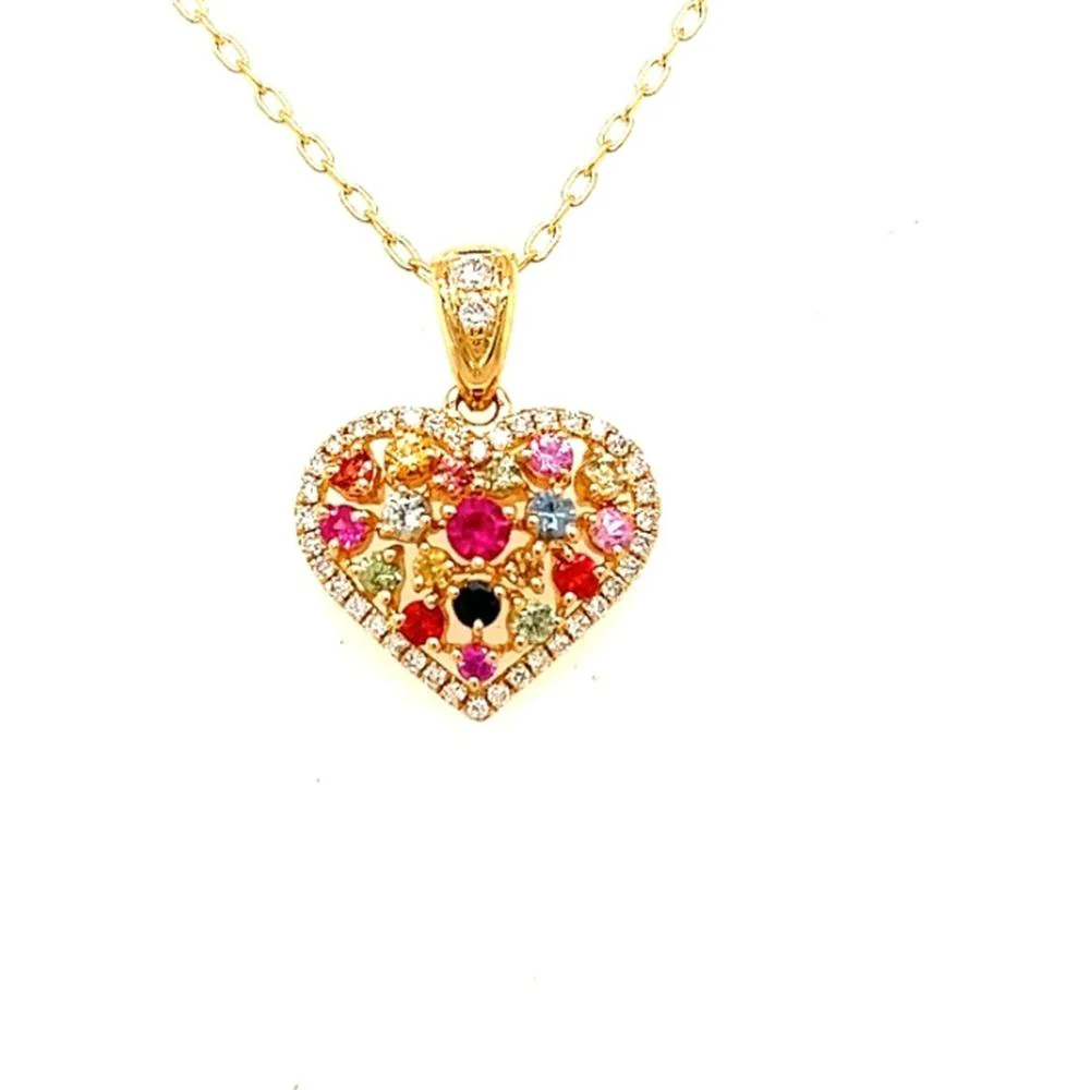 18K Yellow Gold Heart Pendant with Multi-Color Sapphires and Diamond Halo by Afarin