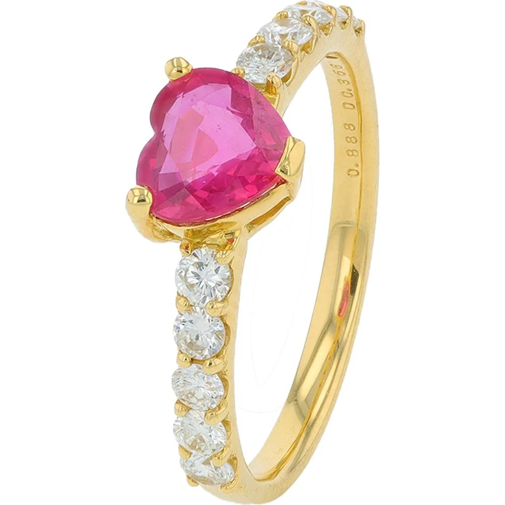 18K Yellow Gold Heart - Shaped Ruby Ring with 0.36 Carat Round Diamond Accents - 0.88 Carat Total Ruby Weight
