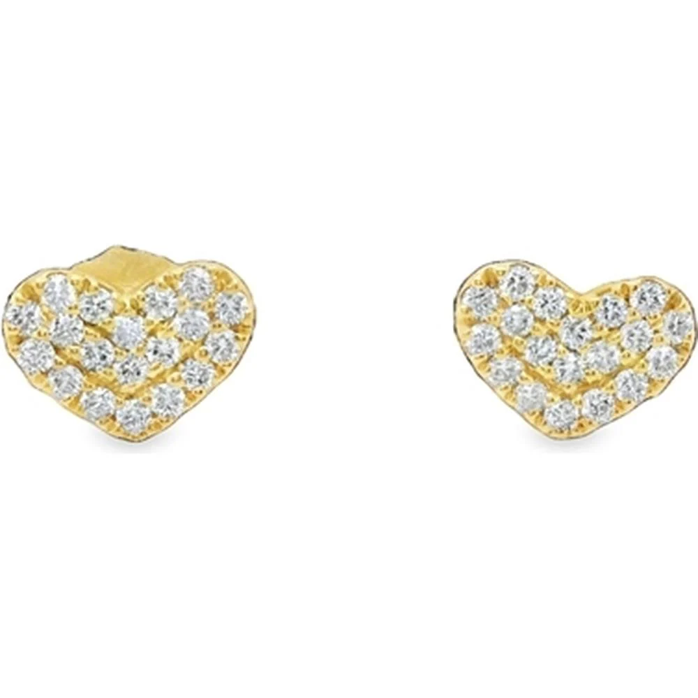18K Yellow Gold Heart Stud Earrings with Round Pavé Diamonds by Afarin