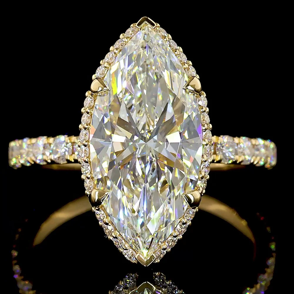 18K Yellow Gold Hidden Halo Marquise Cut Lab Diamond Ring - 4.44 Carat Total Weight with F VVS2 Center Diamond - Covaloro Fine Jewelry - Image 2