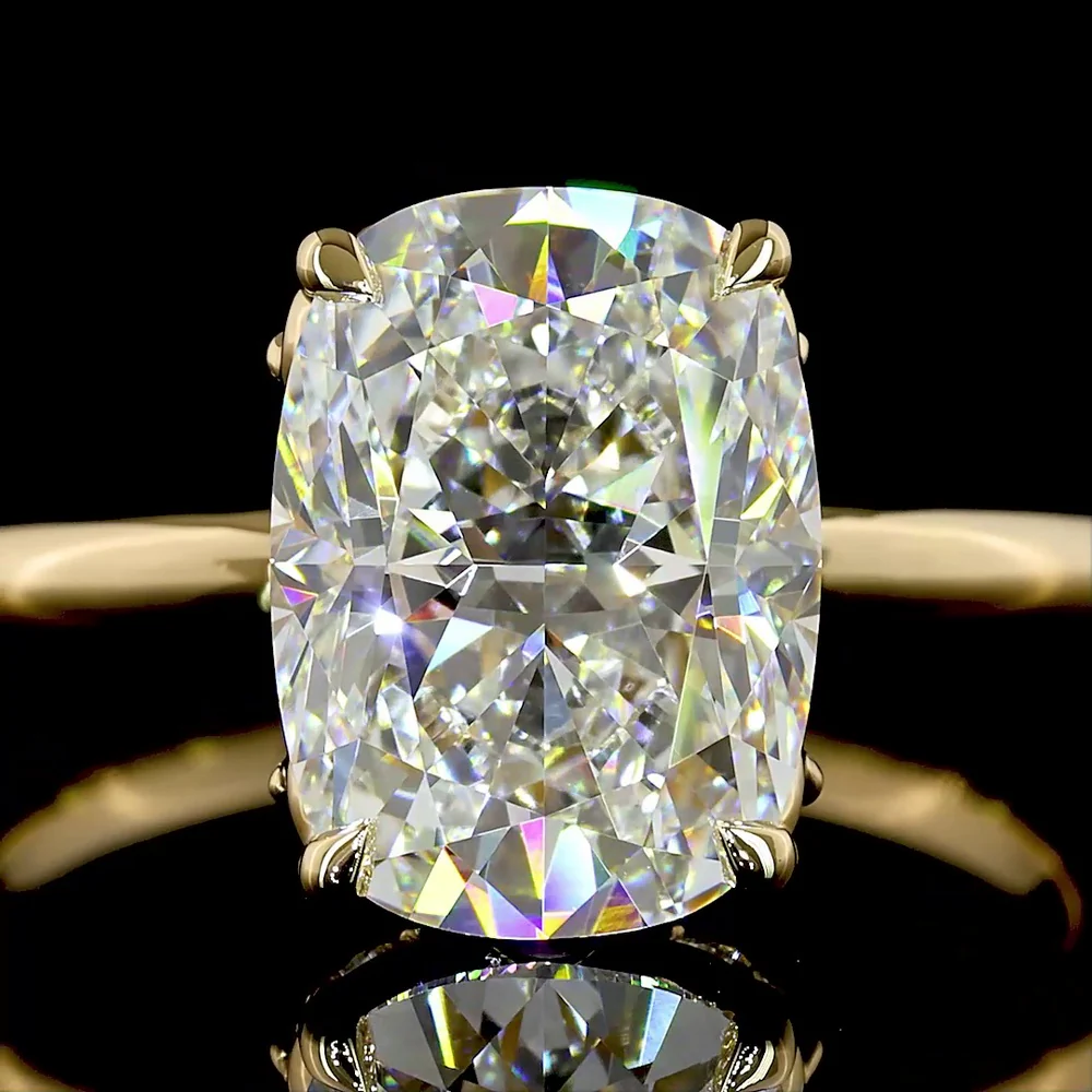 18K Yellow Gold Hidden Halo Ring with 3.06 Carat Cushion Brilliant Cut Lab Diamond and Pear Shape Side Stones - 3.46 Total Carat Weight - Covaloro Fine Jewelry - Image 2