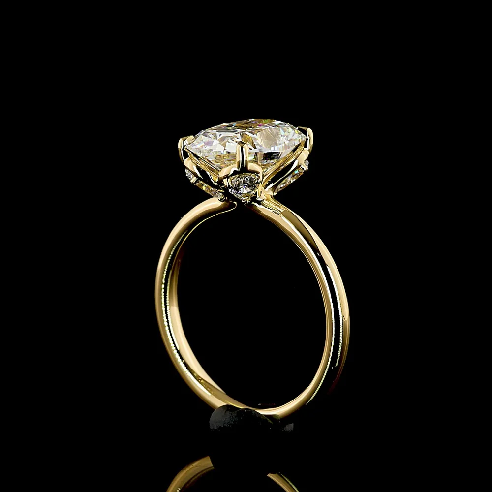 18K Yellow Gold Hidden Halo Ring with 3.06 Carat Cushion Brilliant Cut Lab Diamond and Pear Shape Side Stones - 3.46 Total Carat Weight - Covaloro Fine Jewelry - Image 3