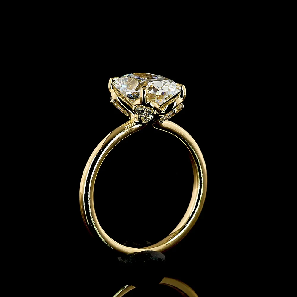 18K Yellow Gold Hidden Halo Ring with 3.06 Carat Cushion Brilliant Cut Lab Diamond and Pear Shape Side Stones - 3.46 Total Carat Weight - Covaloro Fine Jewelry - Image 4