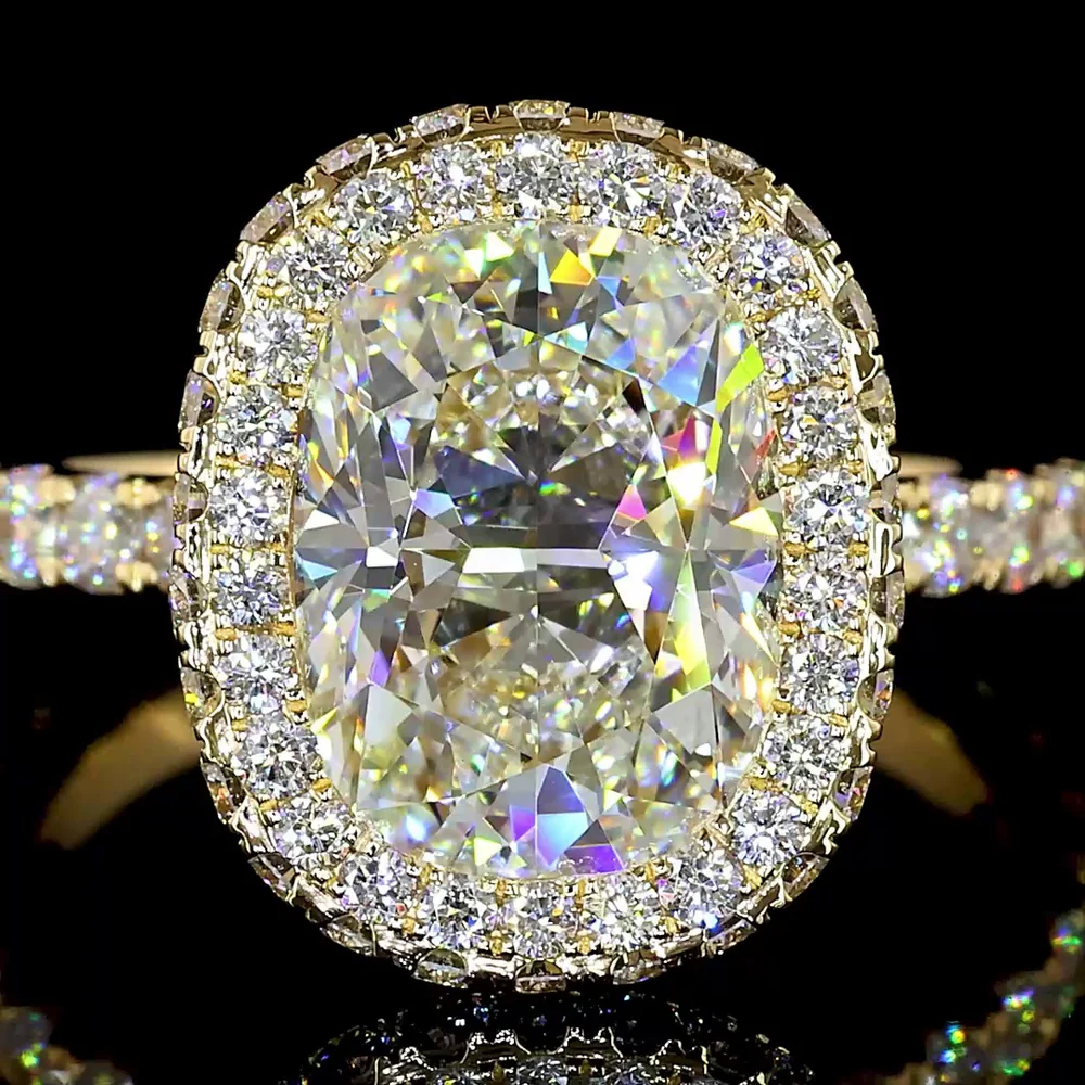 18K Yellow Gold Hidden Halo Ring with 3.11 Carat Cushion Cut Lab Diamond and Pavé Set Round Diamonds - Total 4.62 Carats IGI Certified - Covaloro Fine Jewelry - Image 2