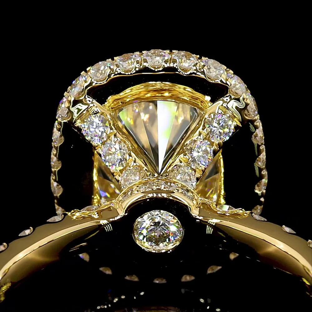 18K Yellow Gold Hidden Halo Ring with 3.11 Carat Cushion Cut Lab Diamond and Pavé Set Round Diamonds - Total 4.62 Carats IGI Certified - Covaloro Fine Jewelry - Image 3