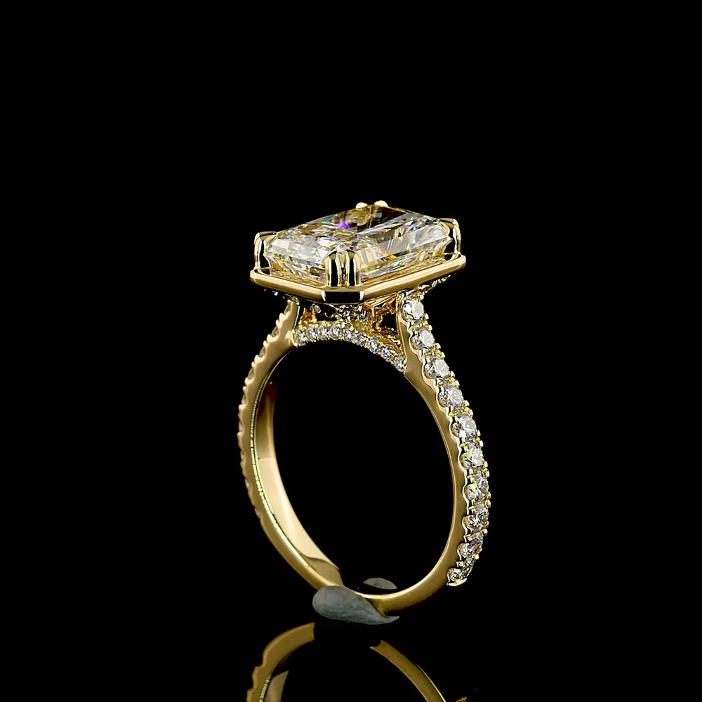 18K Yellow Gold Hidden Halo Ring with 4.02 Carat Radiant Cut Lab Diamond & 0.76 Carat Accent Brilliant Diamonds - 4.78 Carat Total Diamond Weight, IGI Certified E VVS2 - Covaloro Fine Jewelry - Image 3