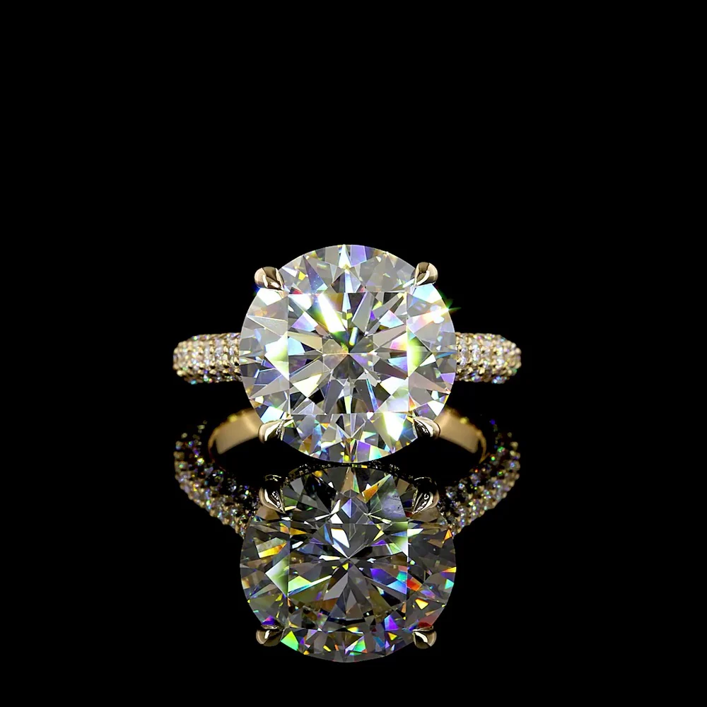 18K Yellow Gold Hidden Halo Ring with 7.02 Carat Round Brilliant Cut Lab Diamond, E VVS2 Clarity, and 1.29 Carats Accent Diamonds - 8.31 Total Carat Weight - Covaloro Fine Jewelry