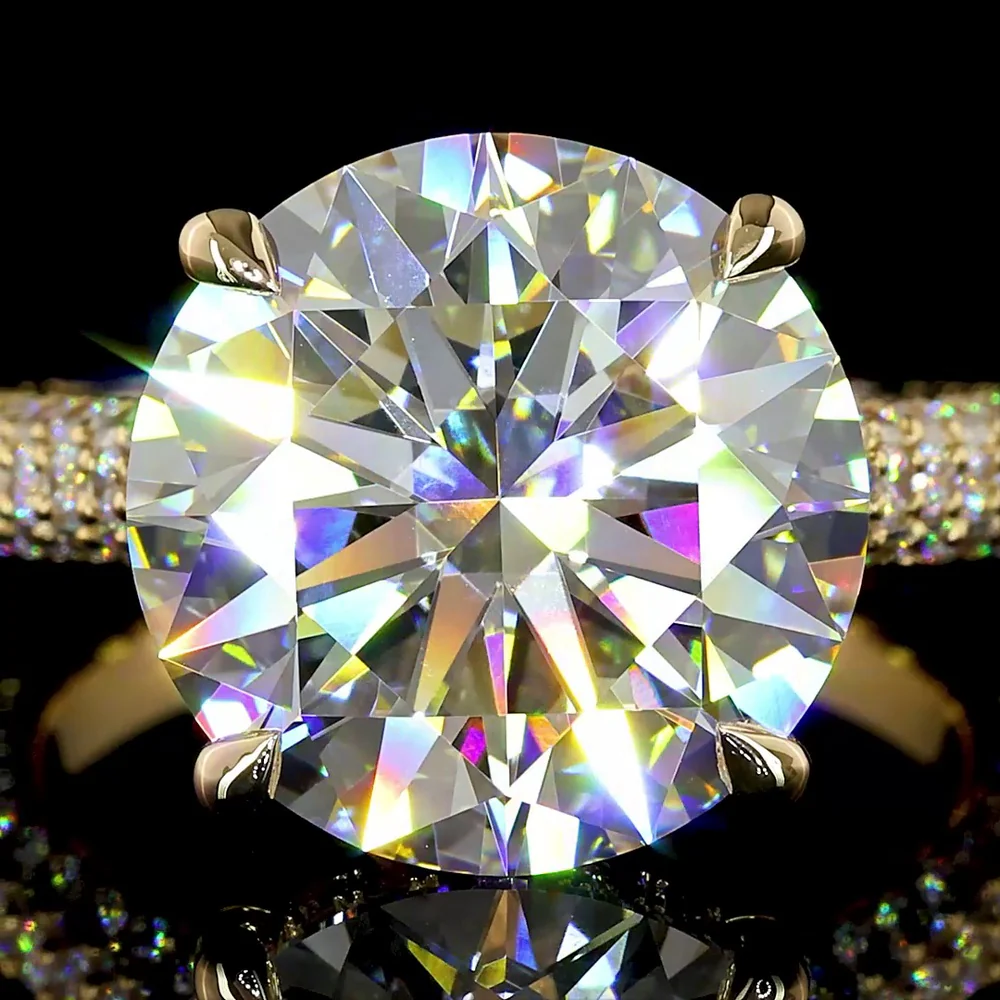 18K Yellow Gold Hidden Halo Ring with 7.02 Carat Round Brilliant Cut Lab Diamond, E VVS2 Clarity, and 1.29 Carats Accent Diamonds - 8.31 Total Carat Weight - Covaloro Fine Jewelry - Image 2