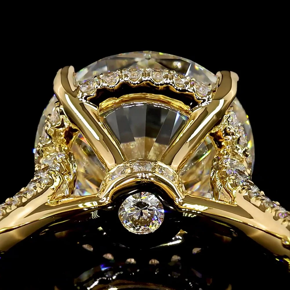 18K Yellow Gold Hidden Halo Ring with 7.02 Carat Round Brilliant Cut Lab Diamond, E VVS2 Clarity, and 1.29 Carats Accent Diamonds - 8.31 Total Carat Weight - Covaloro Fine Jewelry - Image 3
