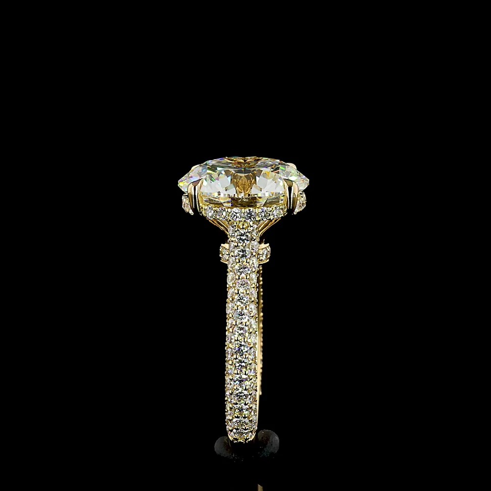 18K Yellow Gold Hidden Halo Ring with 7.02 Carat Round Brilliant Cut Lab Diamond, E VVS2 Clarity, and 1.29 Carats Accent Diamonds - 8.31 Total Carat Weight - Covaloro Fine Jewelry - Image 4
