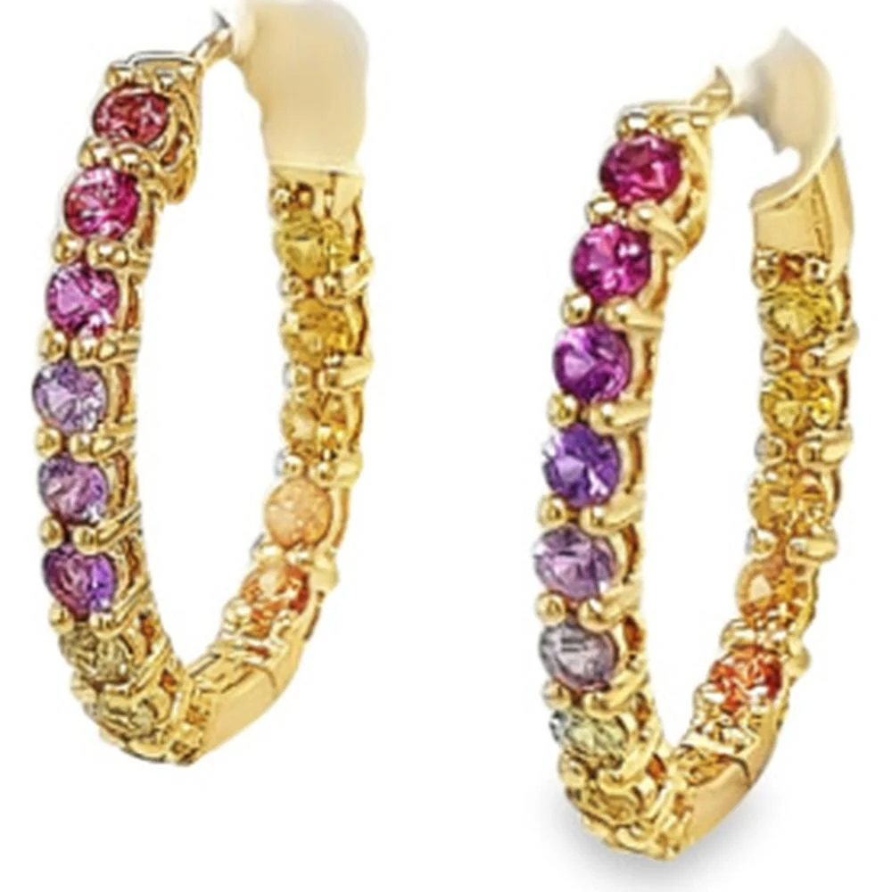 18K Yellow Gold Hoop Earrings with Round Multi-Color Sapphires by Afarin