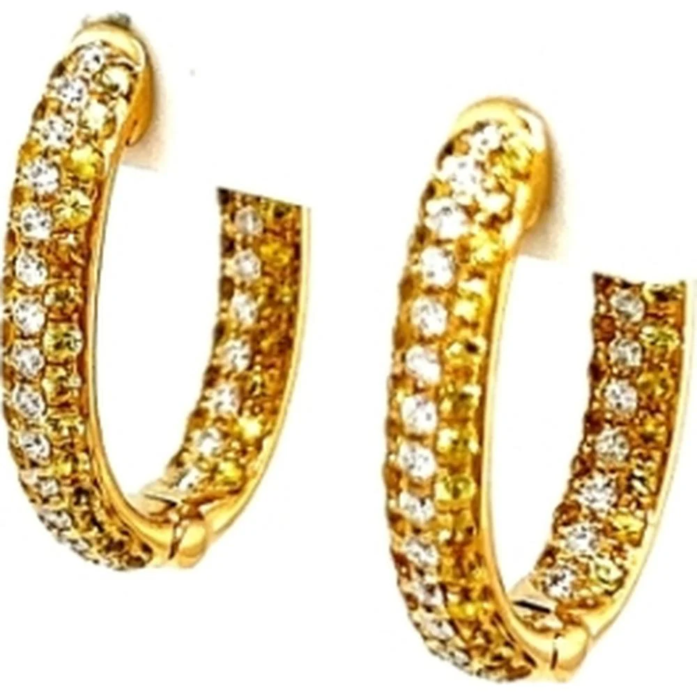 18K Yellow Gold Huggie Earrings with Pavé Diamonds and Yellow Sapphires by Afarin