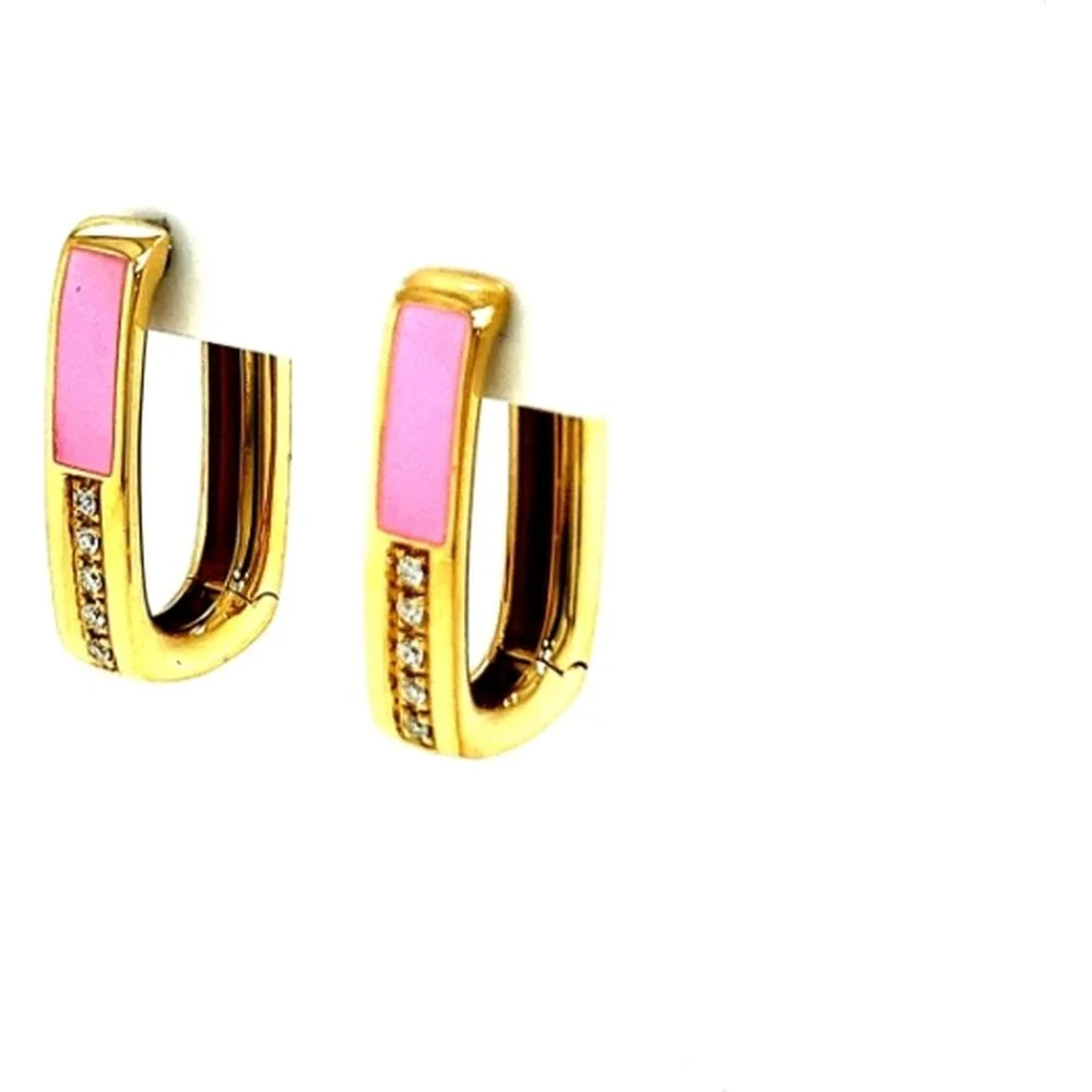 18K Yellow Gold Huggie Earrings with Pink Enamel and Diamond Accents by Afarin