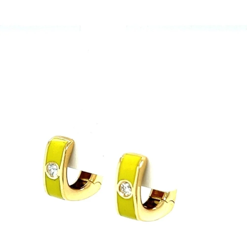 18K Yellow Gold Huggie Earrings with Round Diamond Accents and Bright Enamel by Afarin