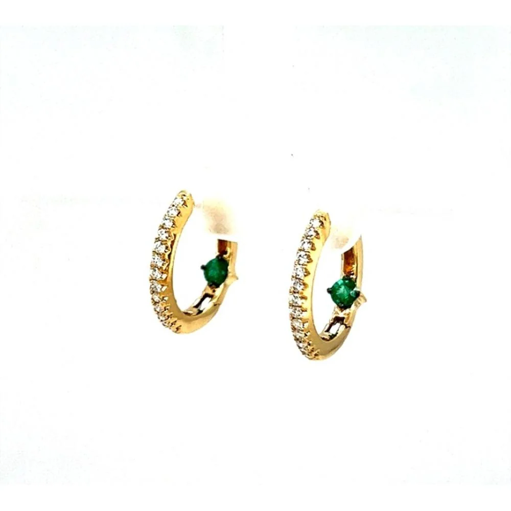 18K Yellow Gold Huggie Earrings with Round Emerald Accents and Diamond Detail by Afarin