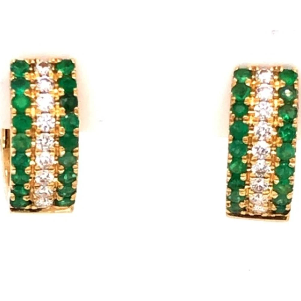 18K Yellow Gold Huggie Earrings with Round Emeralds and Diamond Center Rows by Afarin