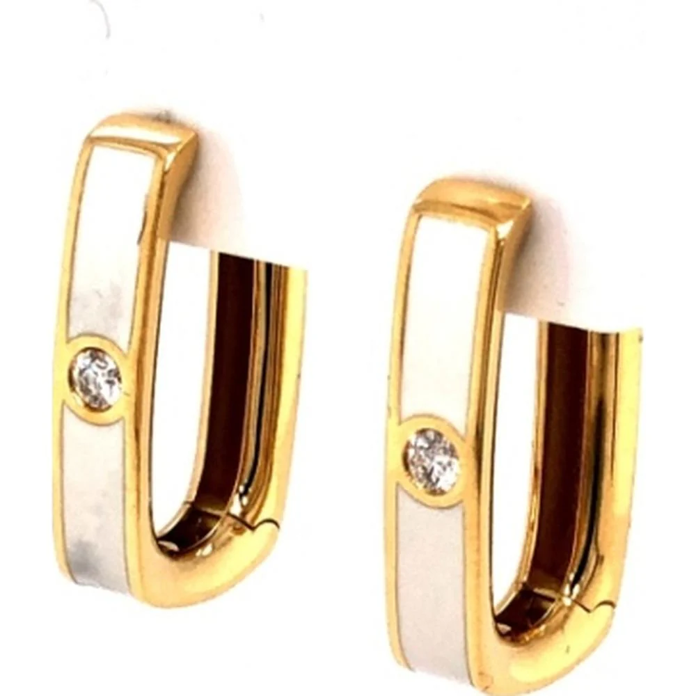 18K Yellow Gold Huggie Earrings with White Enamel and Diamond Accents by Afarin