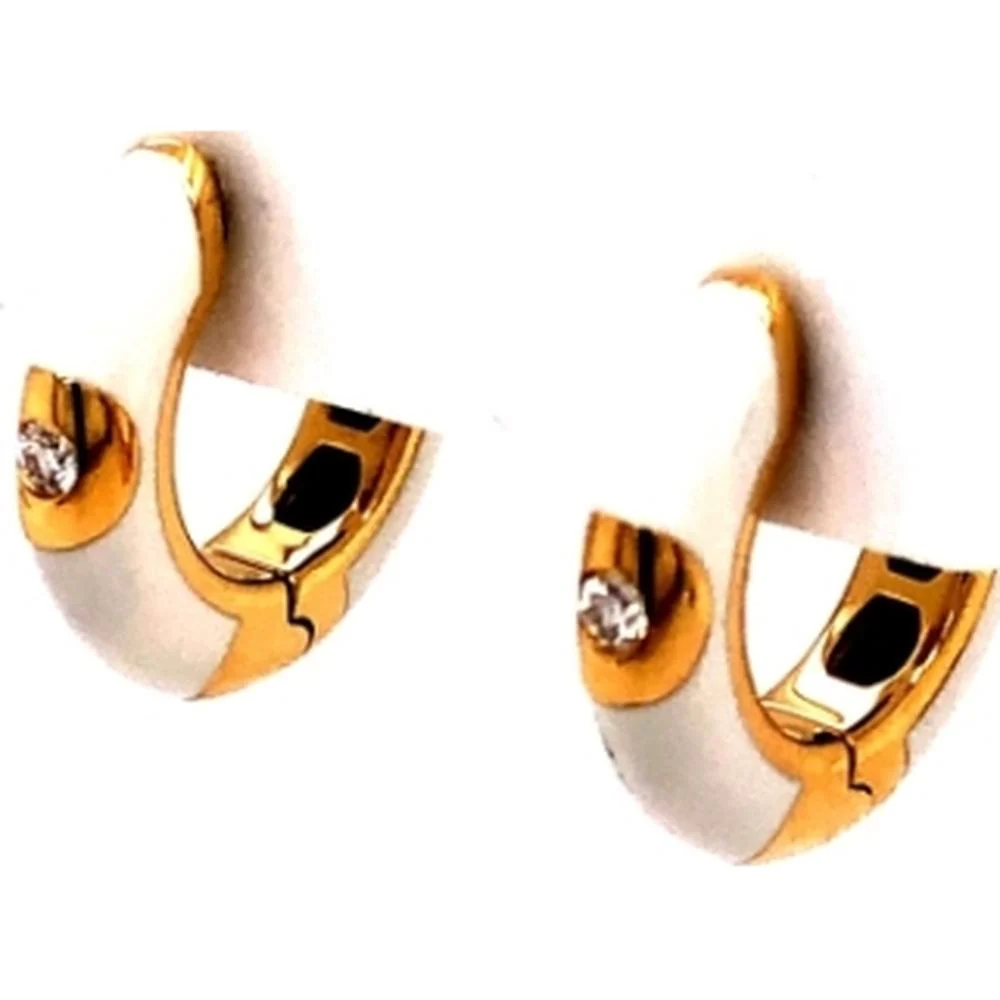 18K Yellow Gold Huggie Earrings with White Enamel and Round Diamond Accents by Afarin