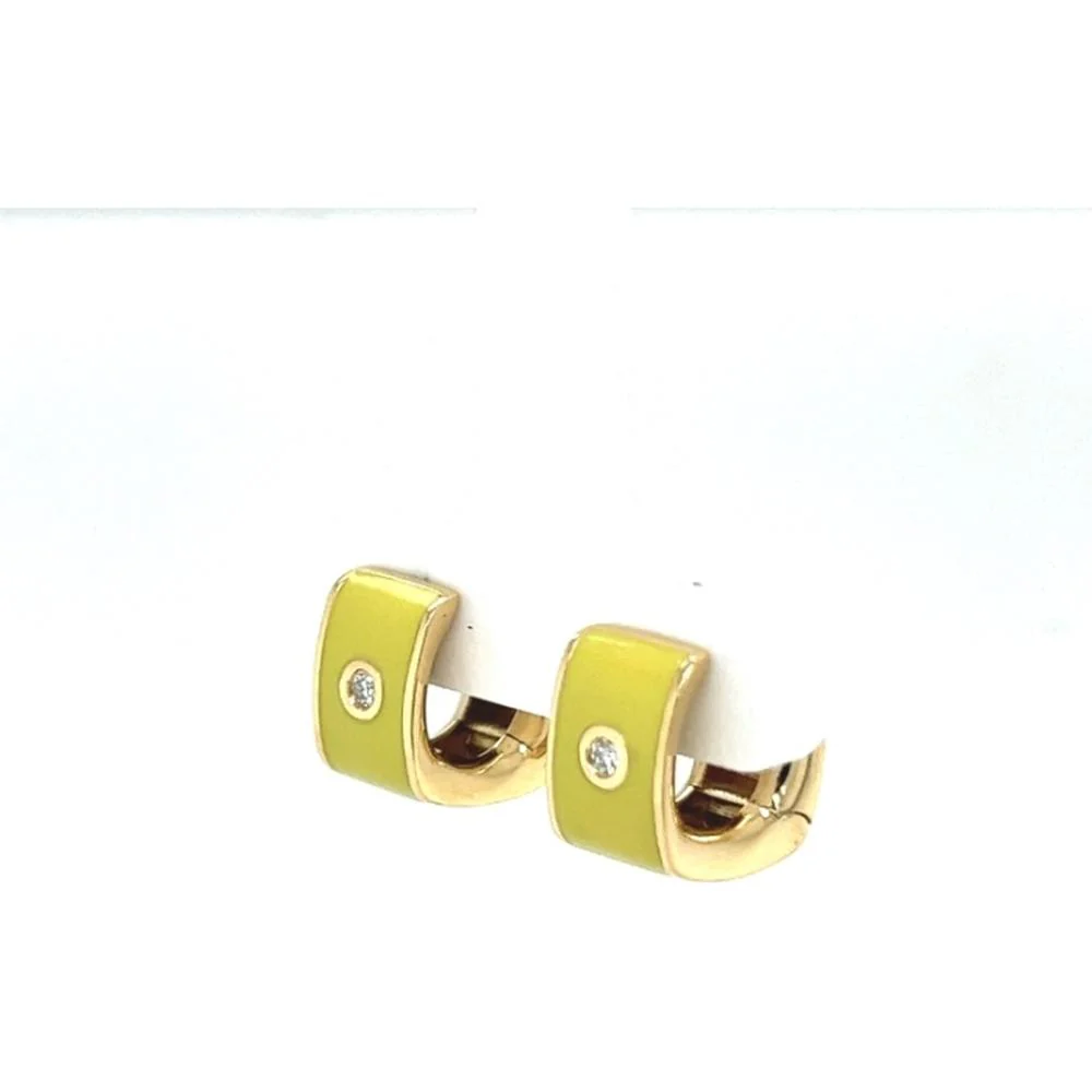 18K Yellow Gold Huggie Earrings with Yellow Enamel and Round Diamonds by Afarin