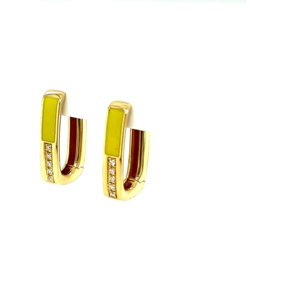 18K Yellow Gold Huggie Earrings with Yellow Enamel Detail and Front-Set Diamonds by Afarin