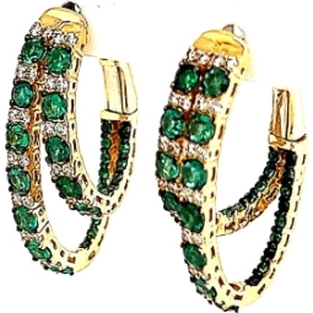 18K Yellow Gold Huggie Hoop Earrings with Round Emeralds and Diamonds by Afarin