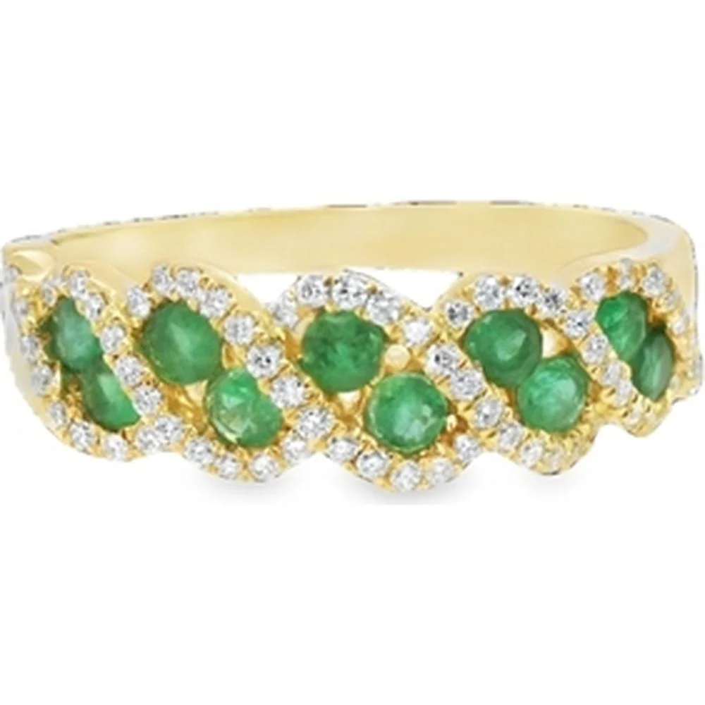 18K Yellow Gold Interwoven Band Ring with Oval Emeralds and Round Diamond Accents by Afarin