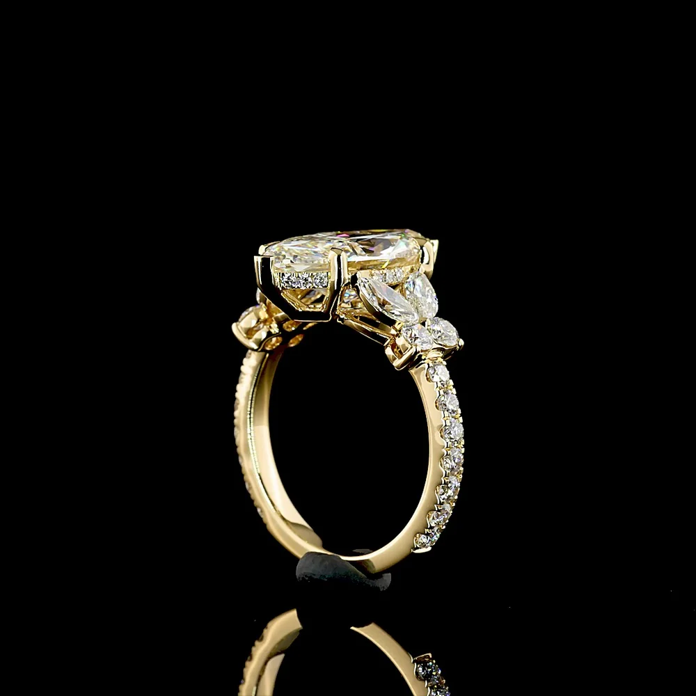 18K Yellow Gold Marquise Cut Hidden Halo Ring with Leaf Cluster Side Stones - 3.54 Carats Center Lab Diamond F VS1 & 4.74 Carats Total Diamond Weight - Covaloro Fine Jewelry - Image 3