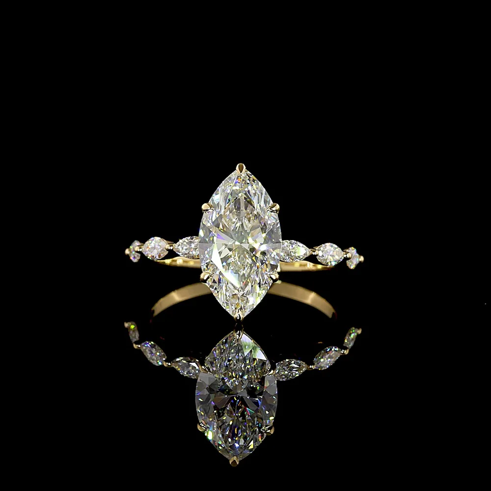 18K Yellow Gold Marquise Cut Solitaire Diamond Shank Ring with 2.53 Carat D VVS2 Center and 0.36 Carat Accent Stones - 2.89 Carat Total Diamond Weight - Covaloro Fine Jewelry