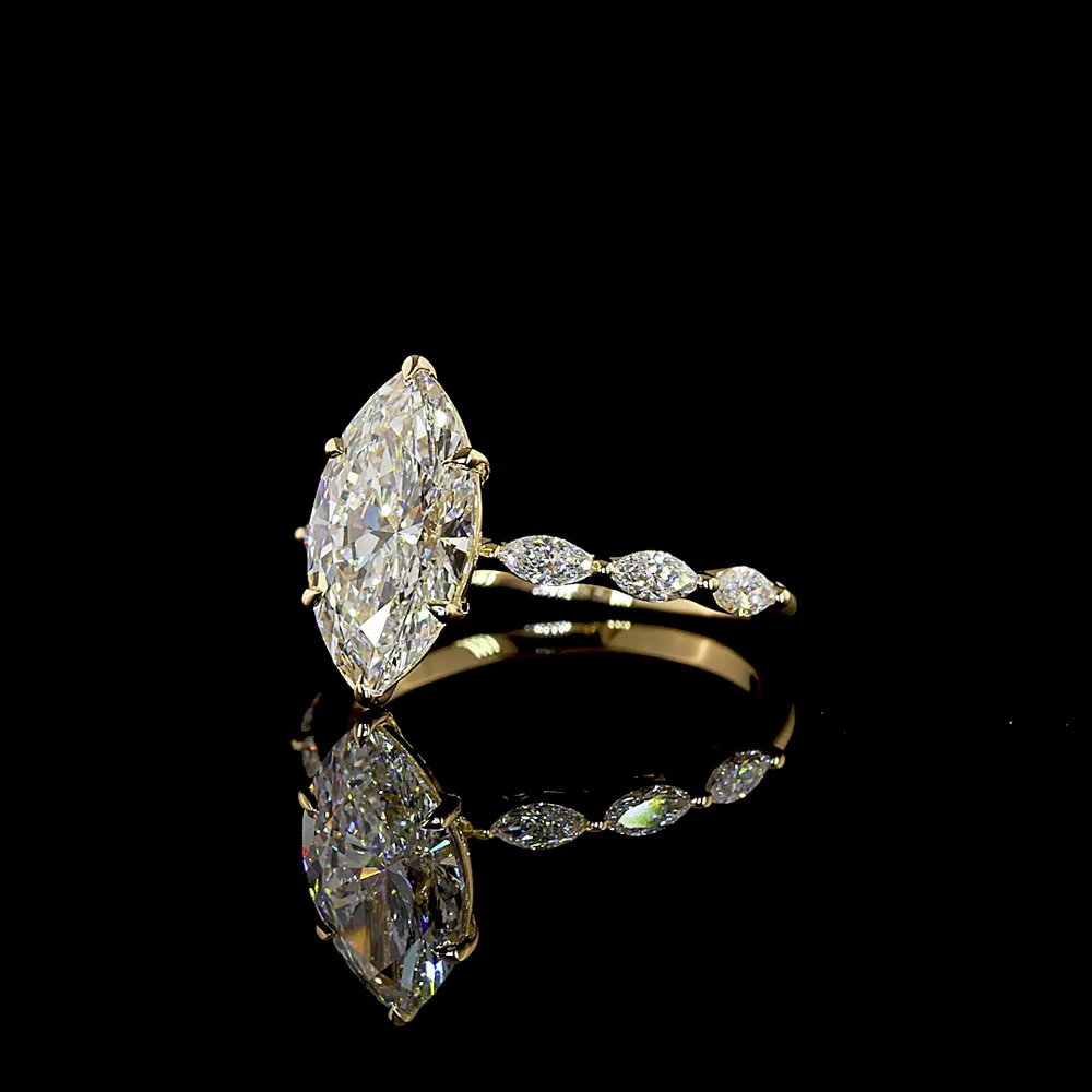 18K Yellow Gold Marquise Cut Solitaire Diamond Shank Ring with 2.53 Carat D VVS2 Center and 0.36 Carat Accent Stones - 2.89 Carat Total Diamond Weight - Covaloro Fine Jewelry - Image 3